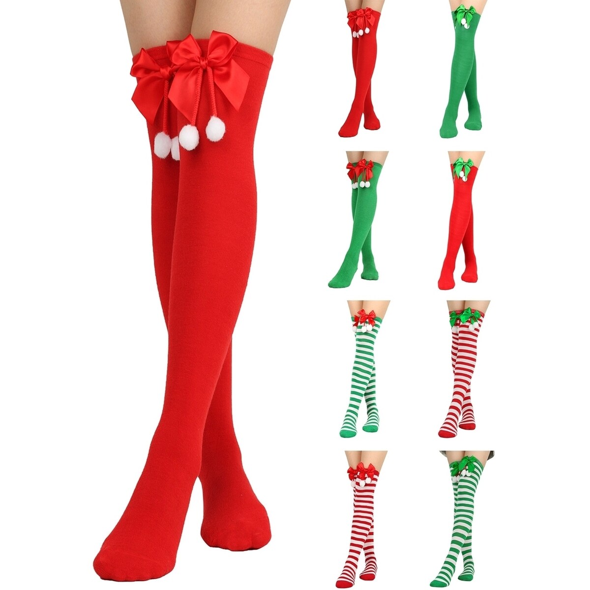 1 Pair Women Striped Print Over Knee Socks Solid Color Bowknot Decor Thigh High Stockings High Elastic Christmas