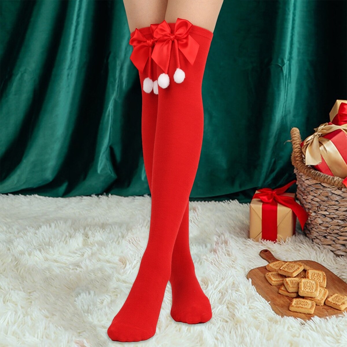 1 Pair Women Striped Print Over Knee Socks Solid Color Bowknot Decor Thigh High Stockings High Elastic Christmas