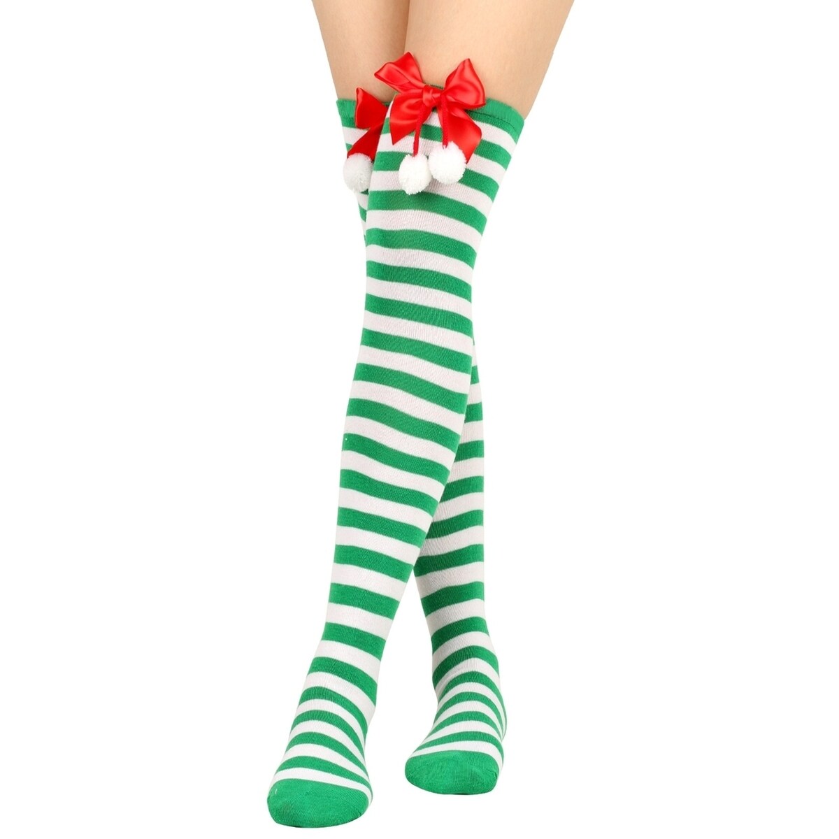 1 Pair Women Striped Print Over Knee Socks Solid Color Bowknot Decor Thigh High Stockings High Elastic Christmas