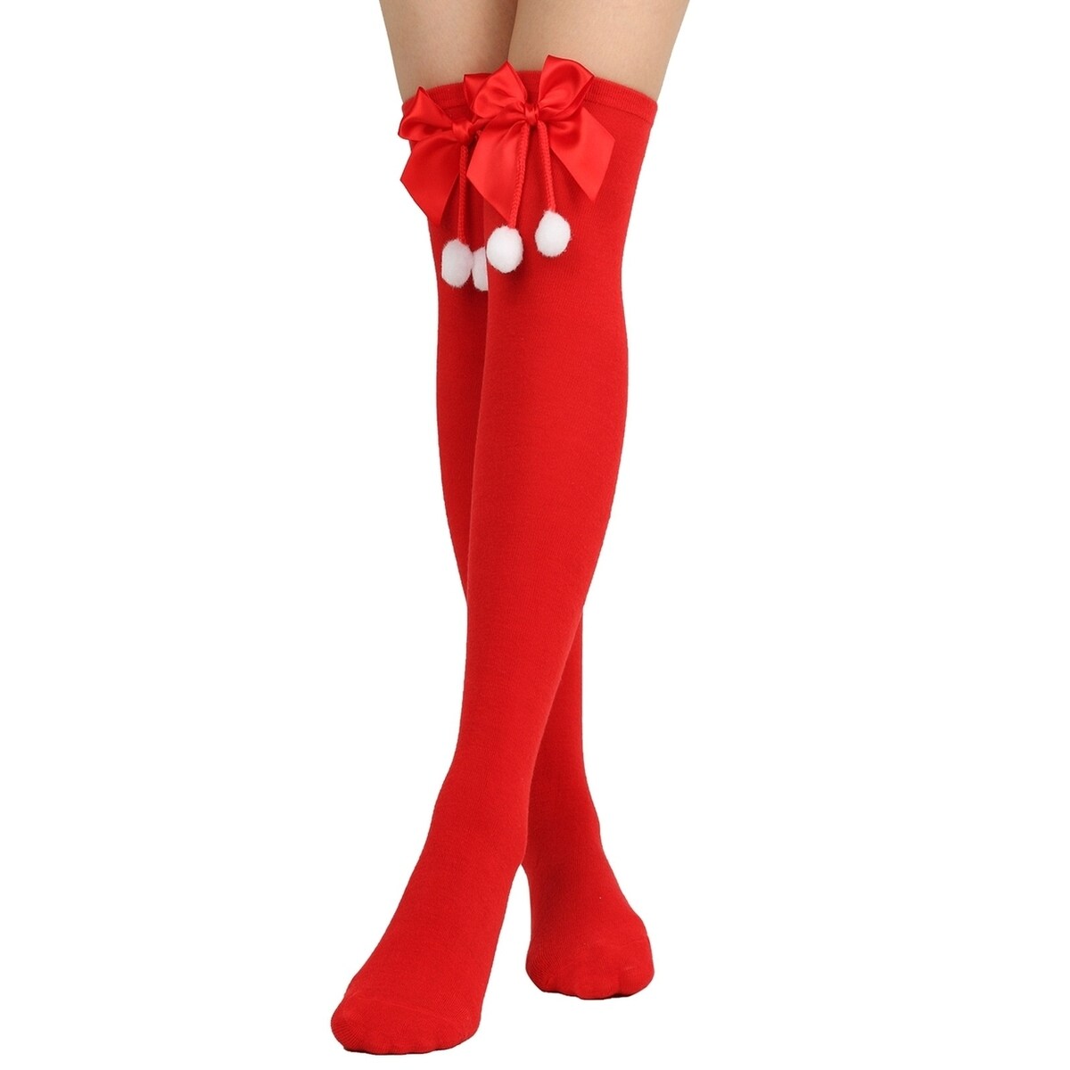 1 Pair Women Striped Print Over Knee Socks Solid Color Bowknot Decor Thigh High Stockings High Elastic Christmas