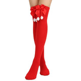 1 Pair Women Striped Print Over Knee Socks Solid Color Bowknot Decor Thigh High Stockings High Elastic Christmas