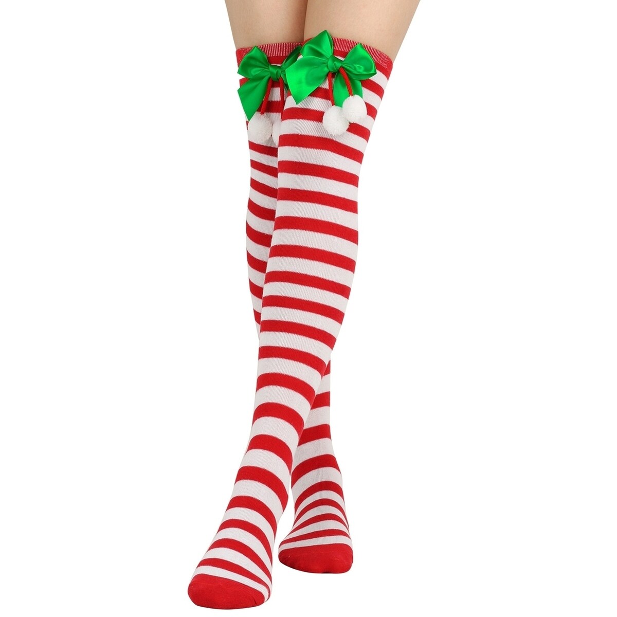 1 Pair Women Striped Print Over Knee Socks Solid Color Bowknot Decor Thigh High Stockings High Elastic Christmas