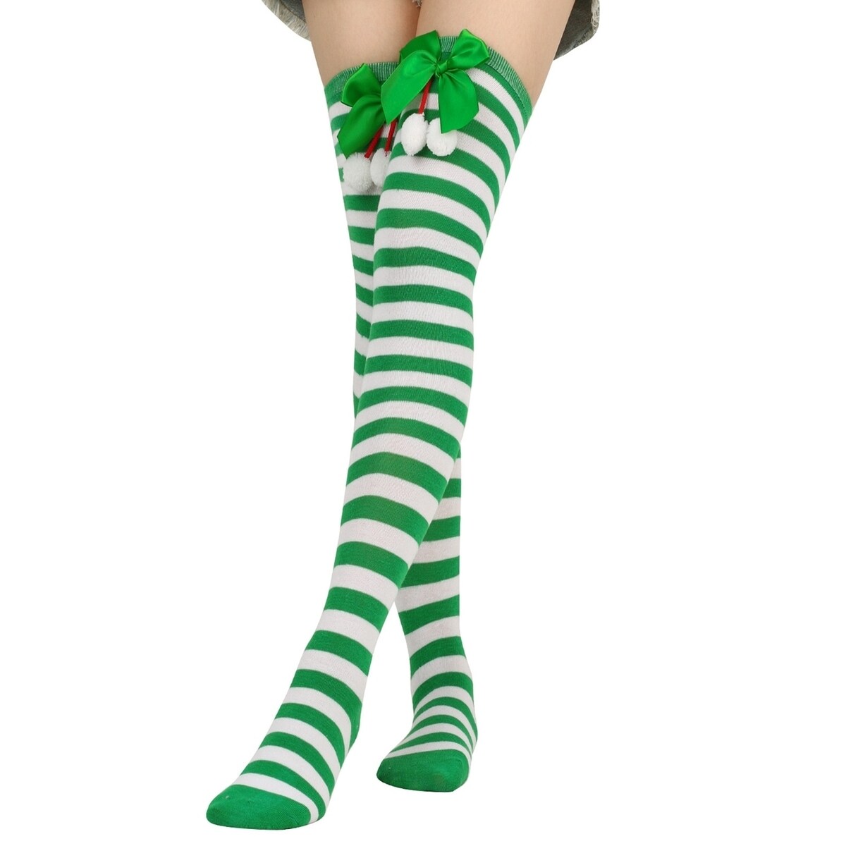 1 Pair Women Striped Print Over Knee Socks Solid Color Bowknot Decor Thigh High Stockings High Elastic Christmas