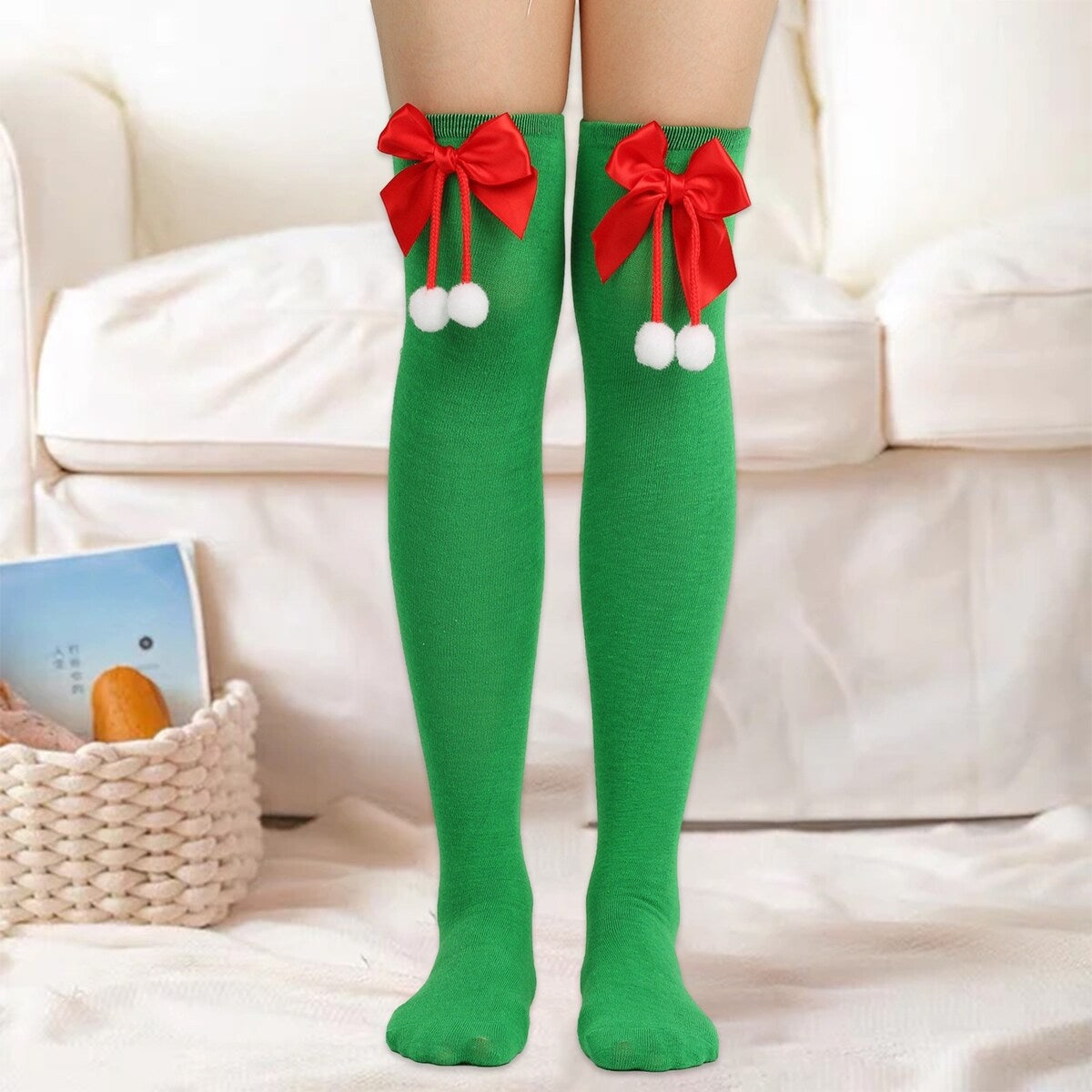 1 Pair Women Striped Print Over Knee Socks Solid Color Bowknot Decor Thigh High Stockings High Elastic Christmas