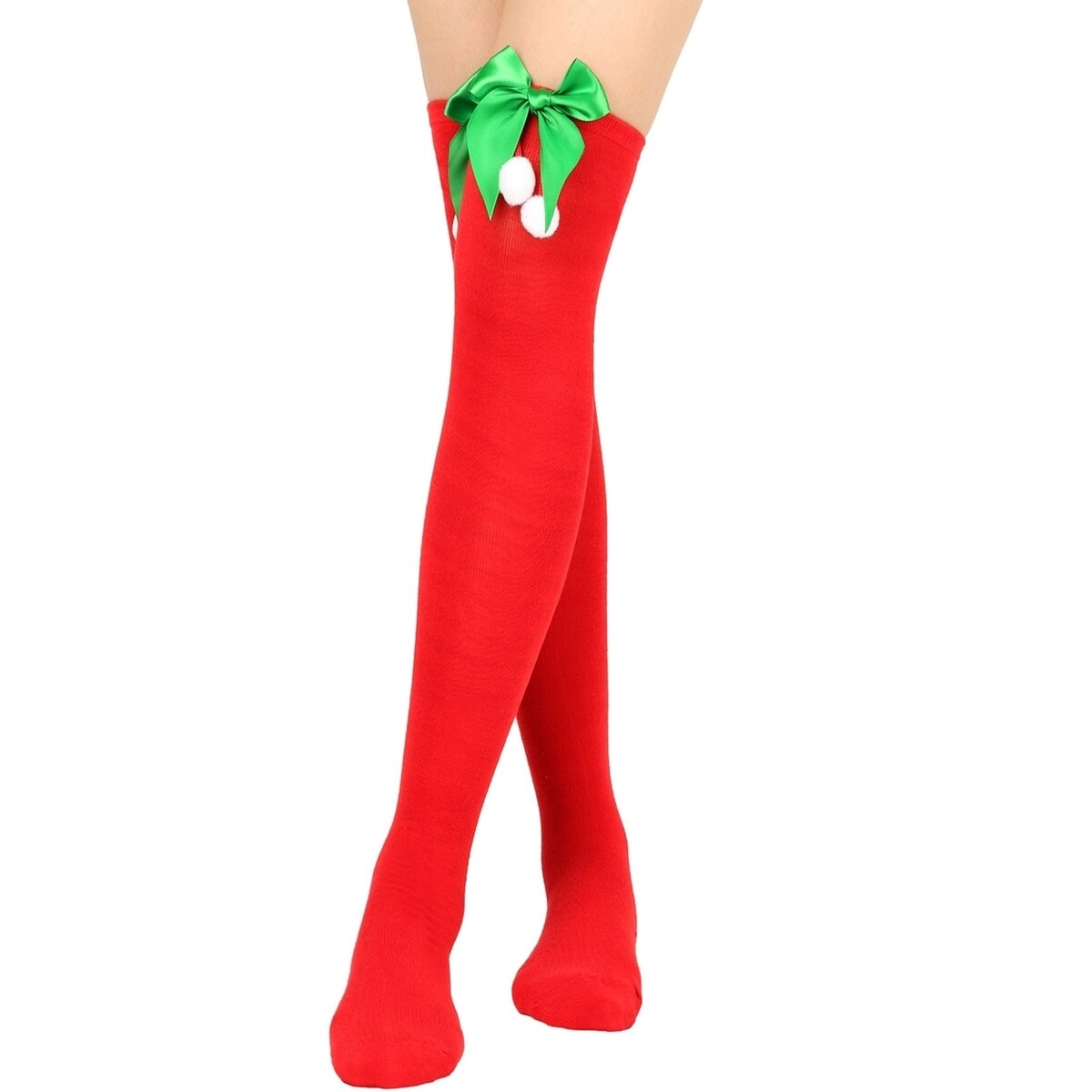 1 Pair Women Striped Print Over Knee Socks Solid Color Bowknot Decor Thigh High Stockings High Elastic Christmas