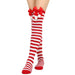 1 Pair Women Striped Print Over Knee Socks Solid Color Bowknot Decor Thigh High Stockings High Elastic Christmas