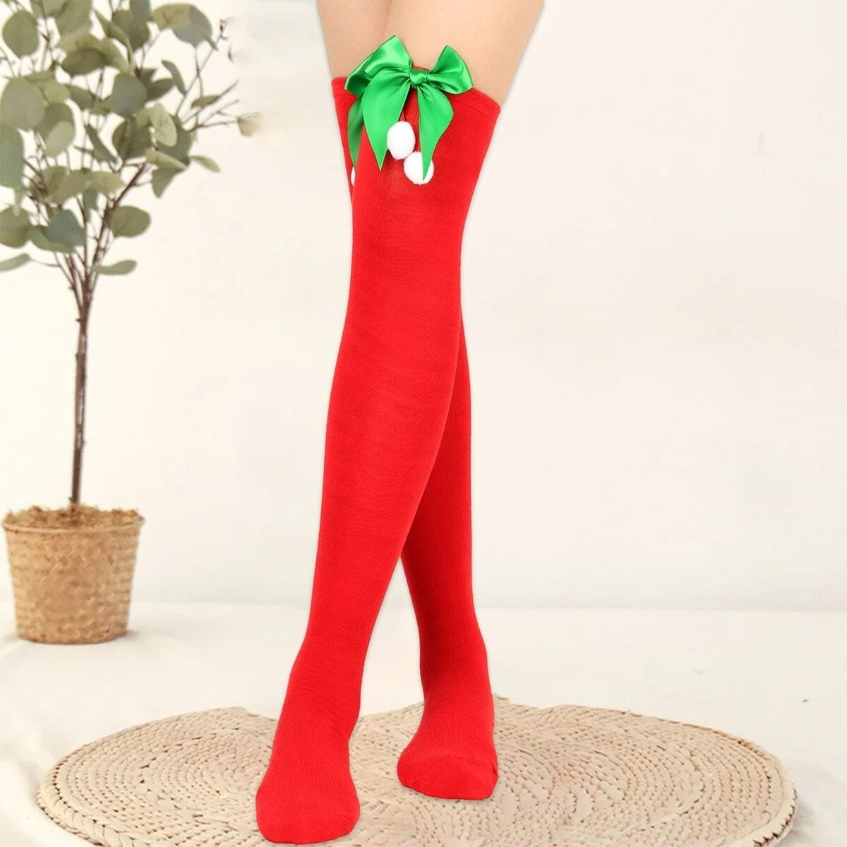 1 Pair Women Striped Print Over Knee Socks Solid Color Bowknot Decor Thigh High Stockings High Elastic Christmas