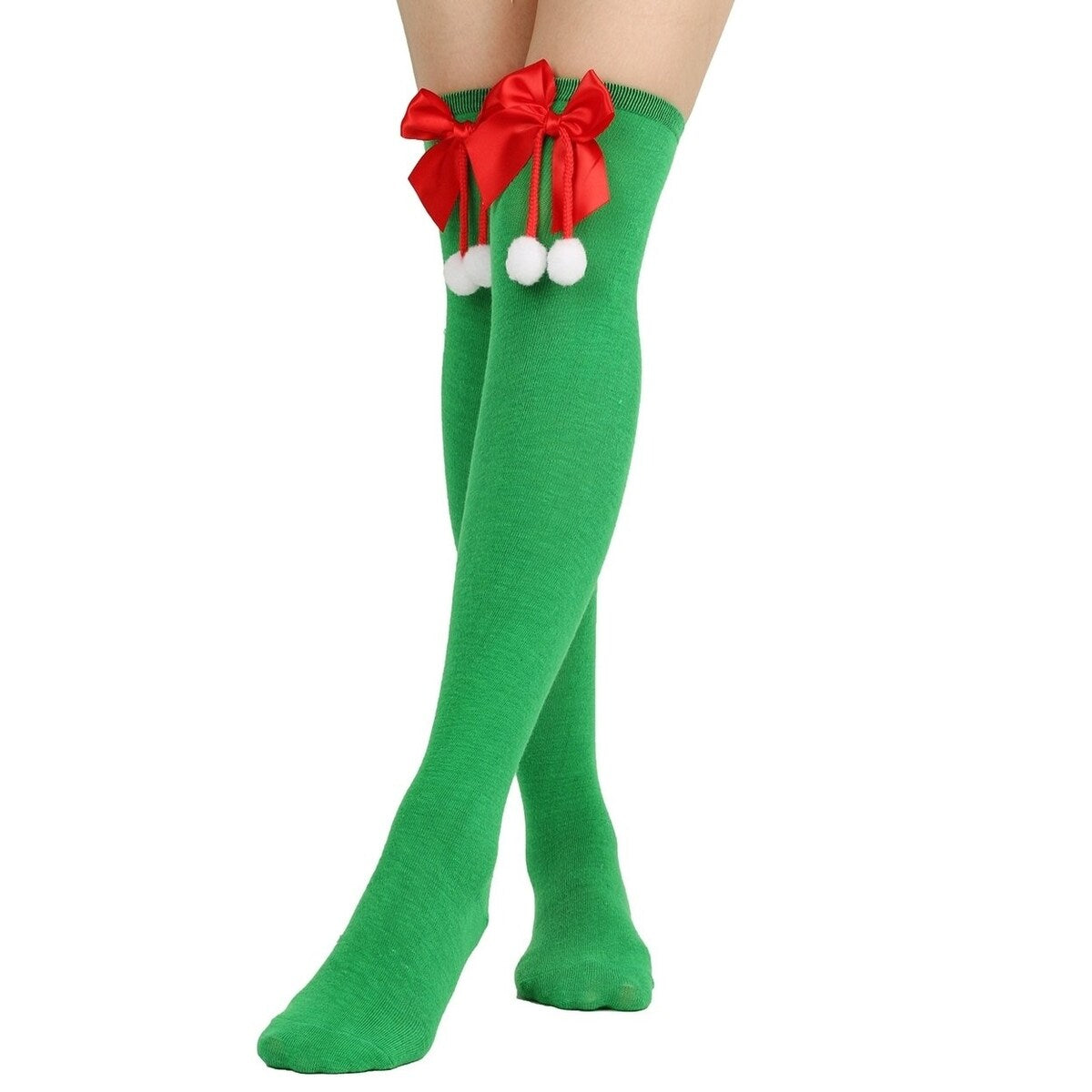 1 Pair Women Striped Print Over Knee Socks Solid Color Bowknot Decor Thigh High Stockings High Elastic Christmas