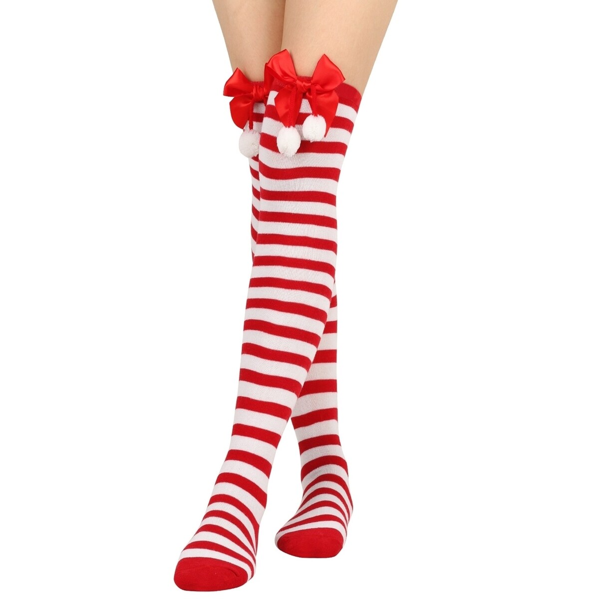 1 Pair Women Striped Print Over Knee Socks Solid Color Bowknot Decor Thigh High Stockings High Elastic Christmas