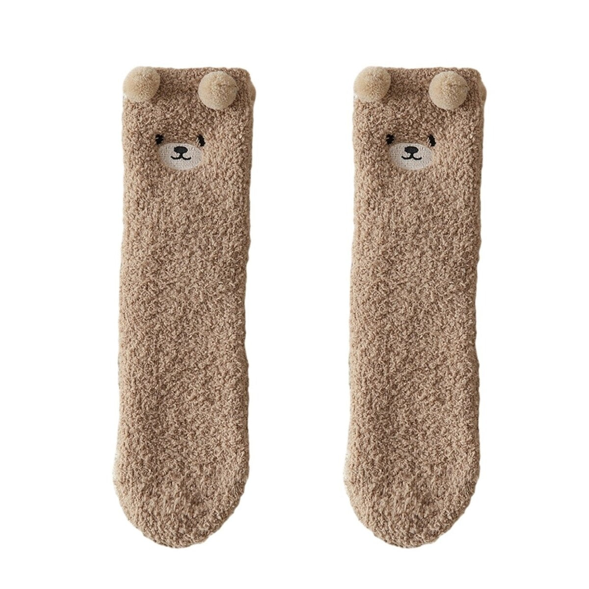 1 Pair Women Winter Coral Fleece Fuzzy Socks Embroidery Bear Pattern Thickened Plush Floor Socks MidTube Home Sleeping