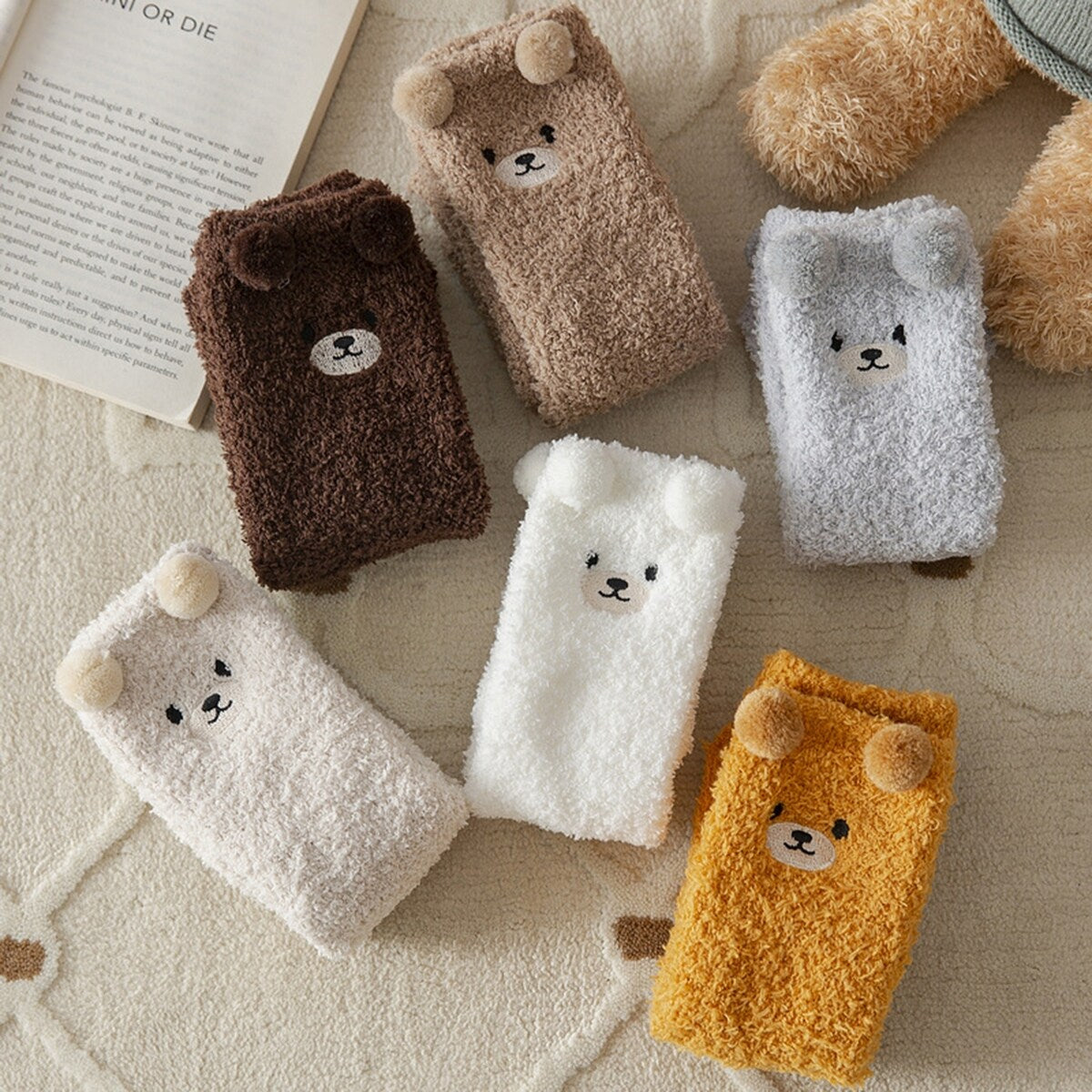 1 Pair Women Winter Coral Fleece Fuzzy Socks Embroidery Bear Pattern Thickened Plush Floor Socks MidTube Home Sleeping