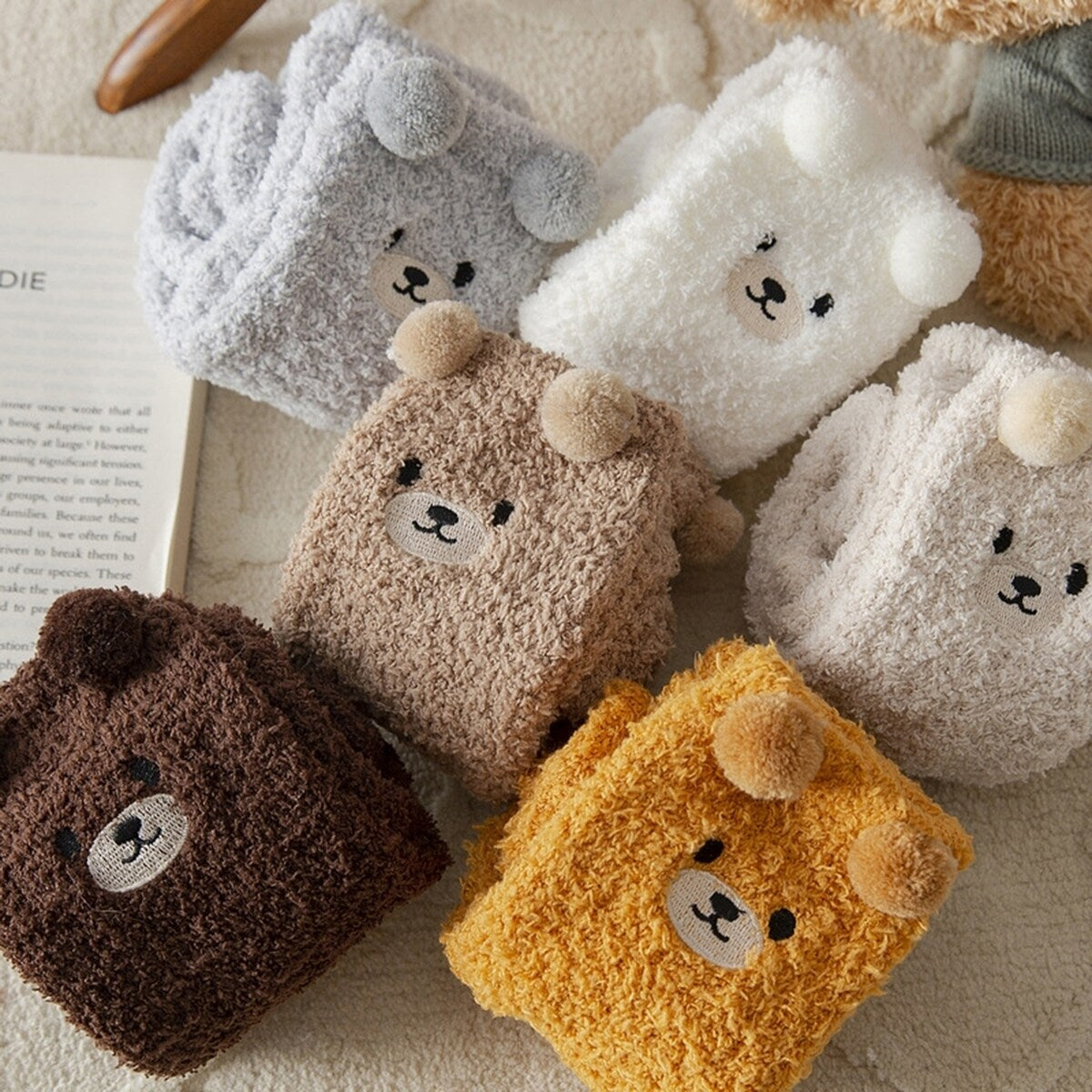 1 Pair Women Winter Coral Fleece Fuzzy Socks Embroidery Bear Pattern Thickened Plush Floor Socks MidTube Home Sleeping