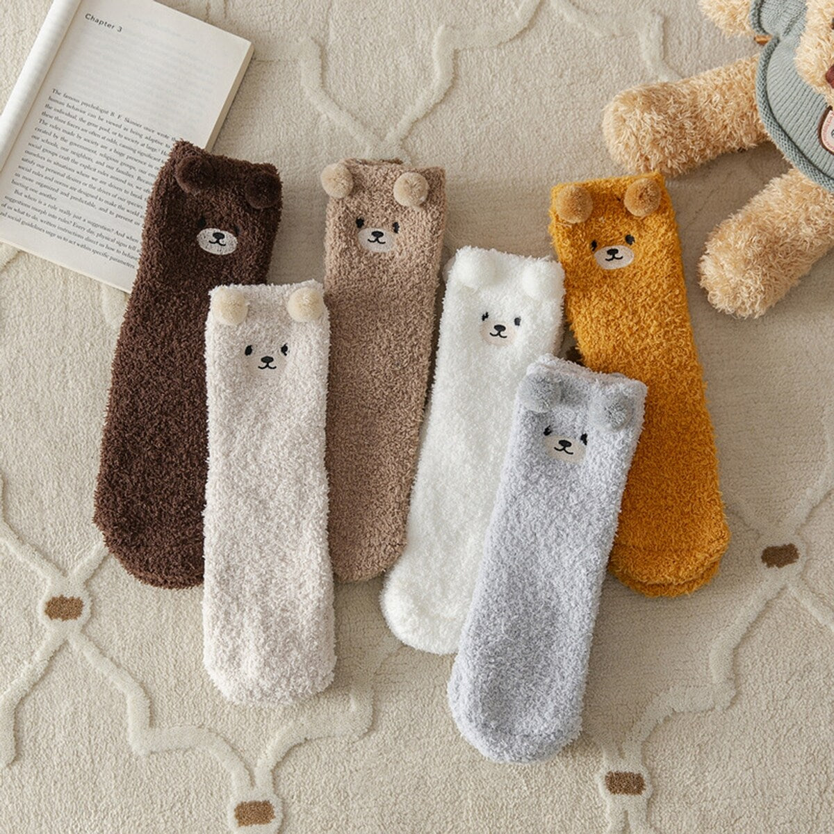1 Pair Women Winter Coral Fleece Fuzzy Socks Embroidery Bear Pattern Thickened Plush Floor Socks MidTube Home Sleeping