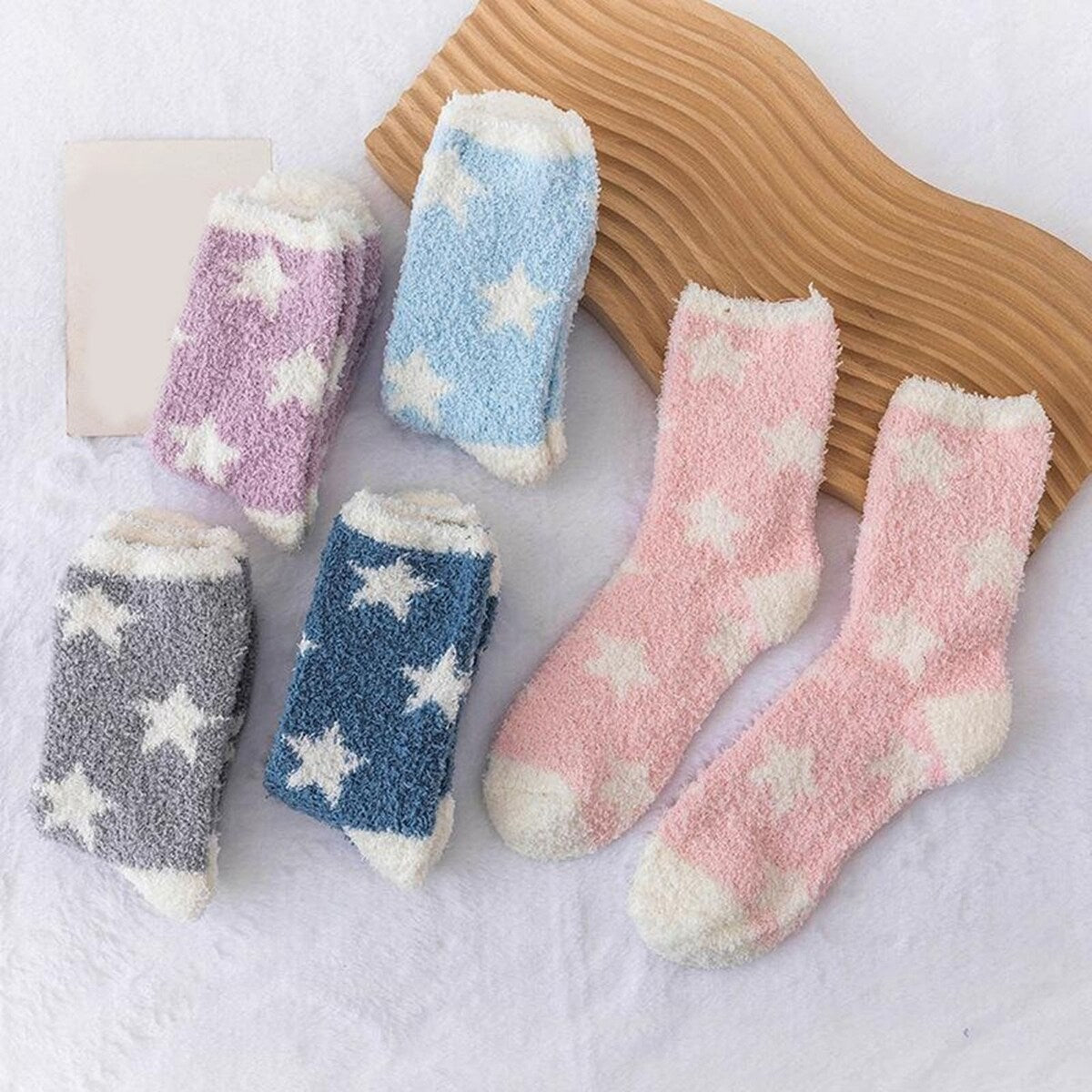 1 Pair Women Winter Socks Contrast Color Star Print Coral Fleece Soft Breathable MidTube High