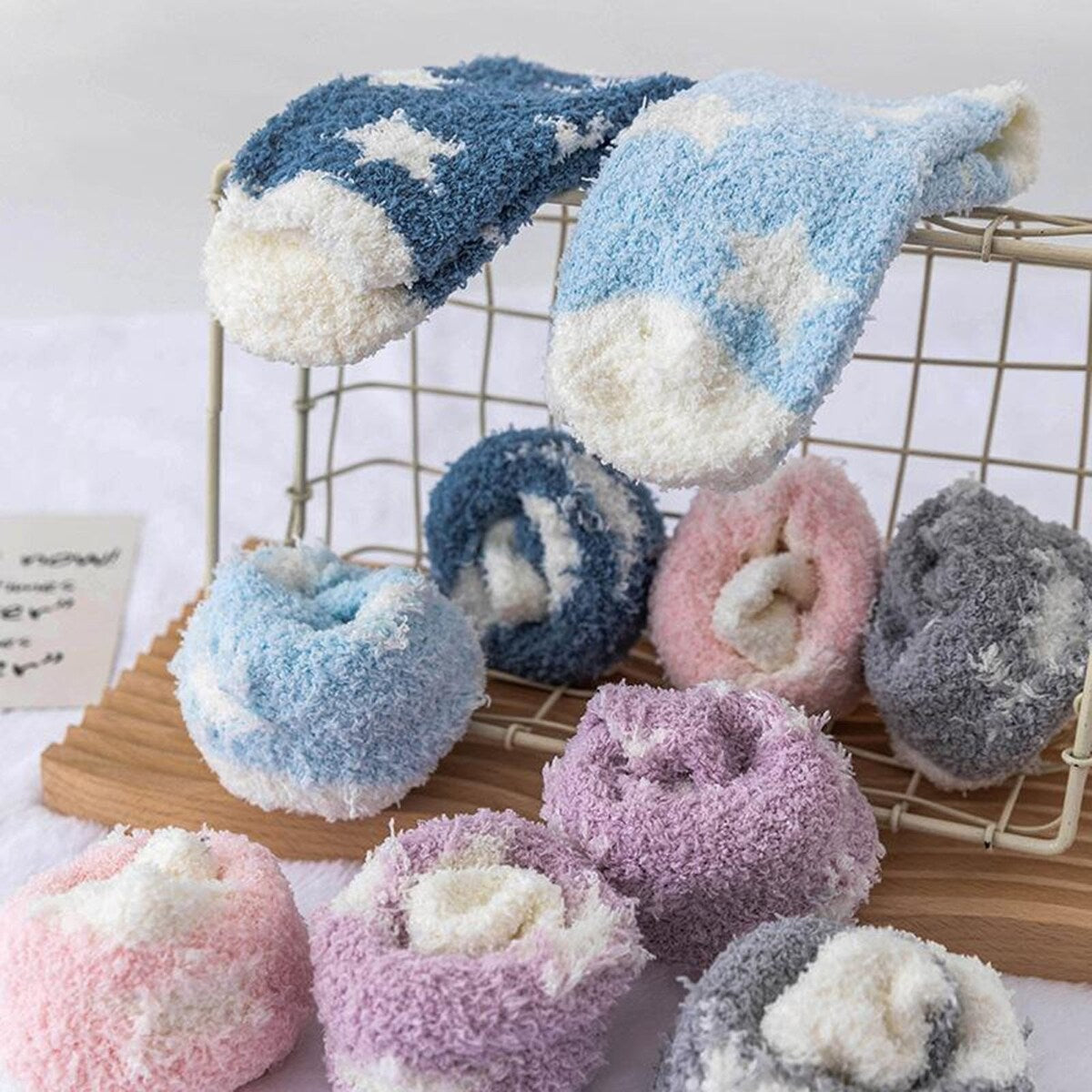 1 Pair Women Winter Socks Contrast Color Star Print Coral Fleece Soft Breathable MidTube High