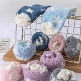 1 Pair Women Winter Socks Contrast Color Star Print Coral Fleece Soft Breathable MidTube High