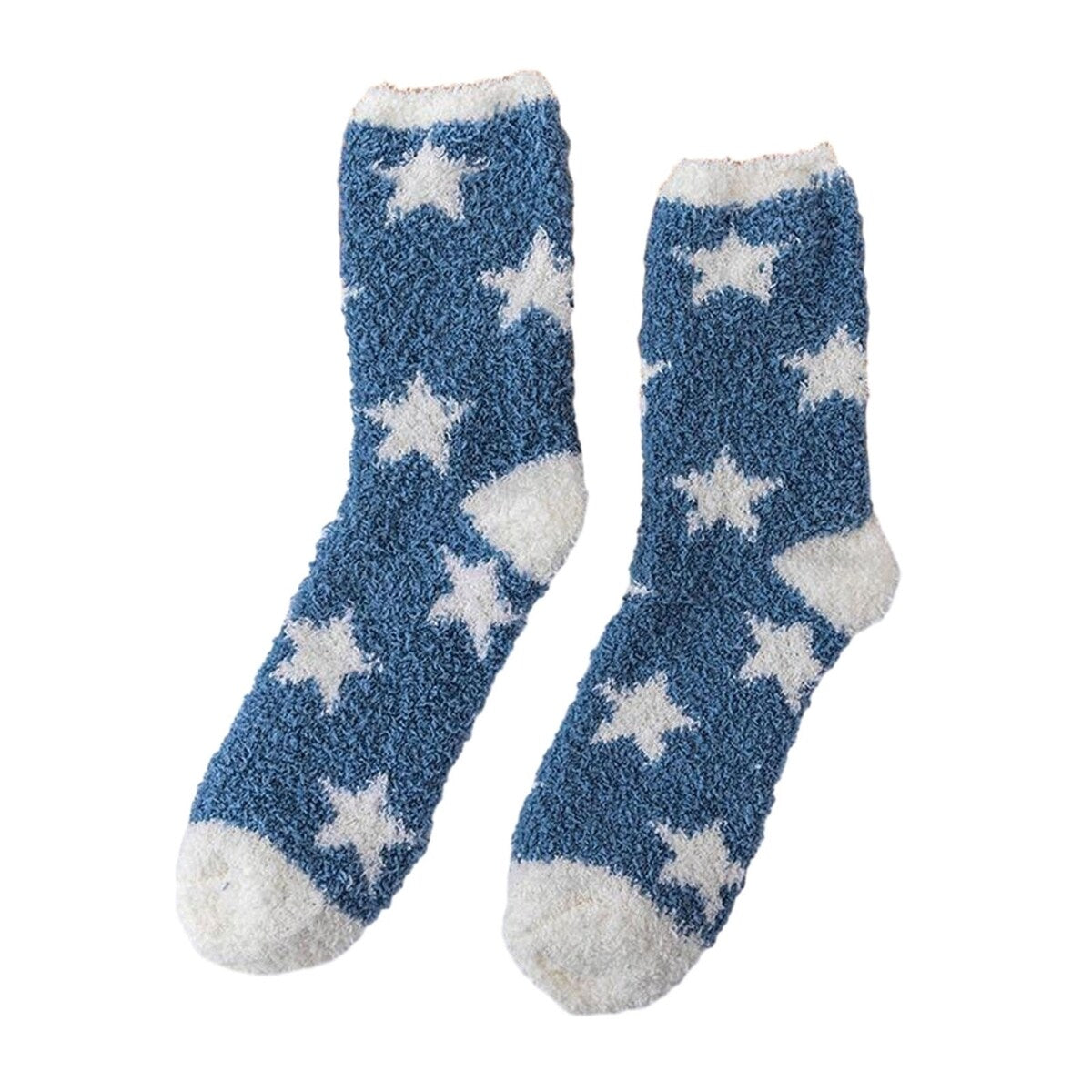 1 Pair Women Winter Socks Contrast Color Star Print Coral Fleece Soft Breathable MidTube High