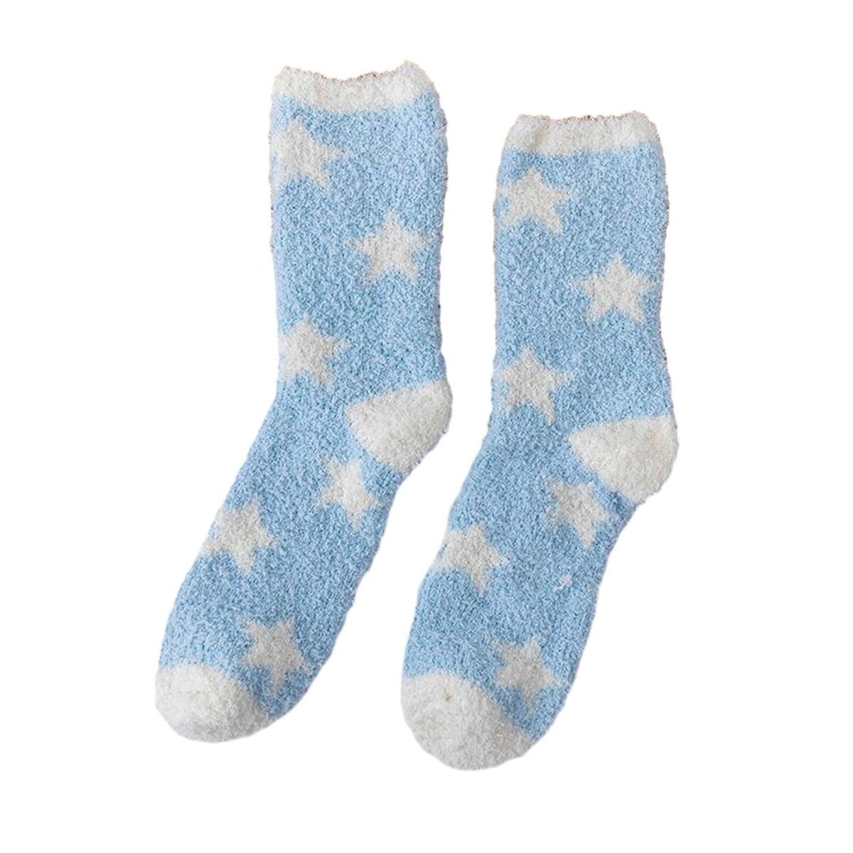 1 Pair Women Winter Socks Contrast Color Star Print Coral Fleece Soft Breathable MidTube High