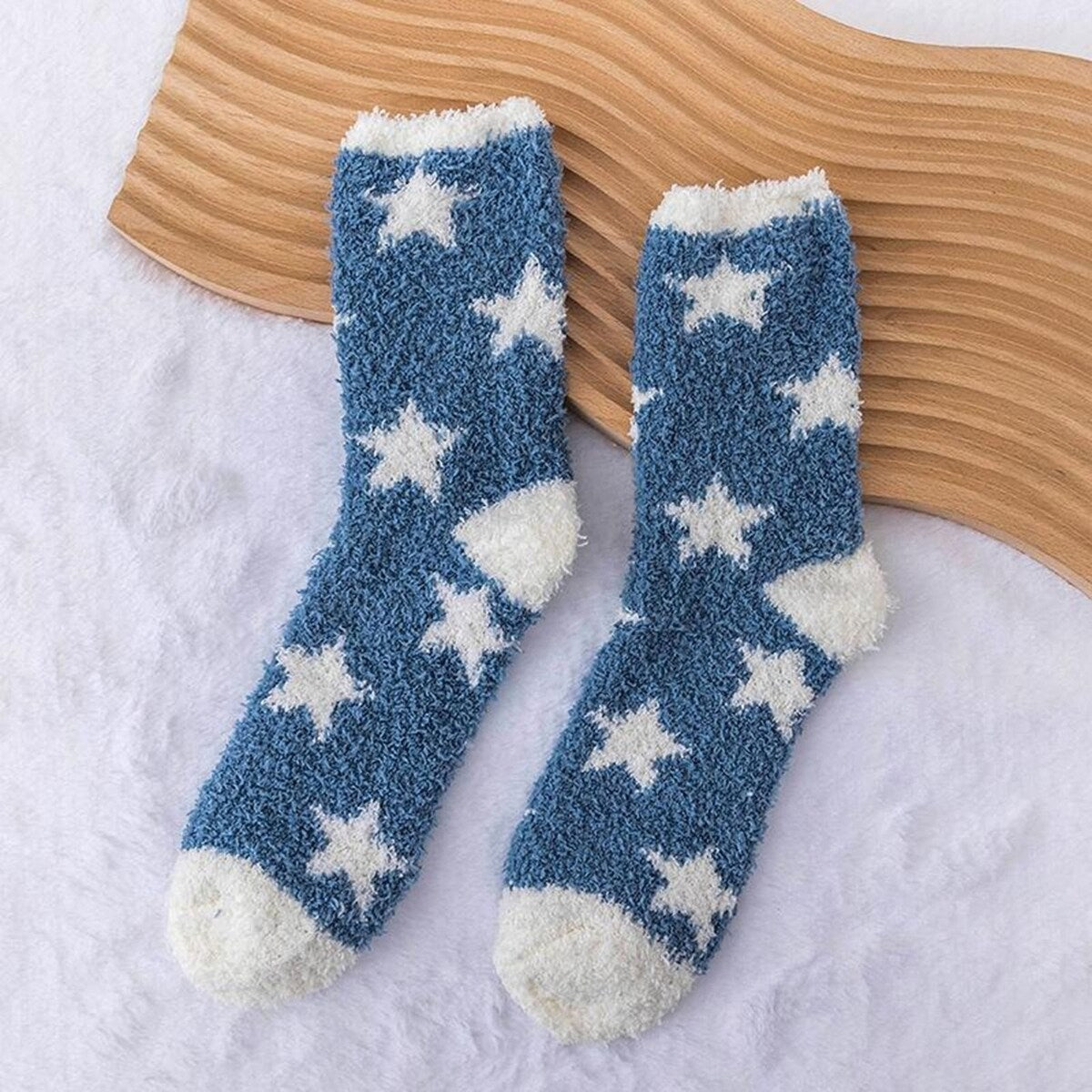 1 Pair Women Winter Socks Contrast Color Star Print Coral Fleece Soft Breathable MidTube High