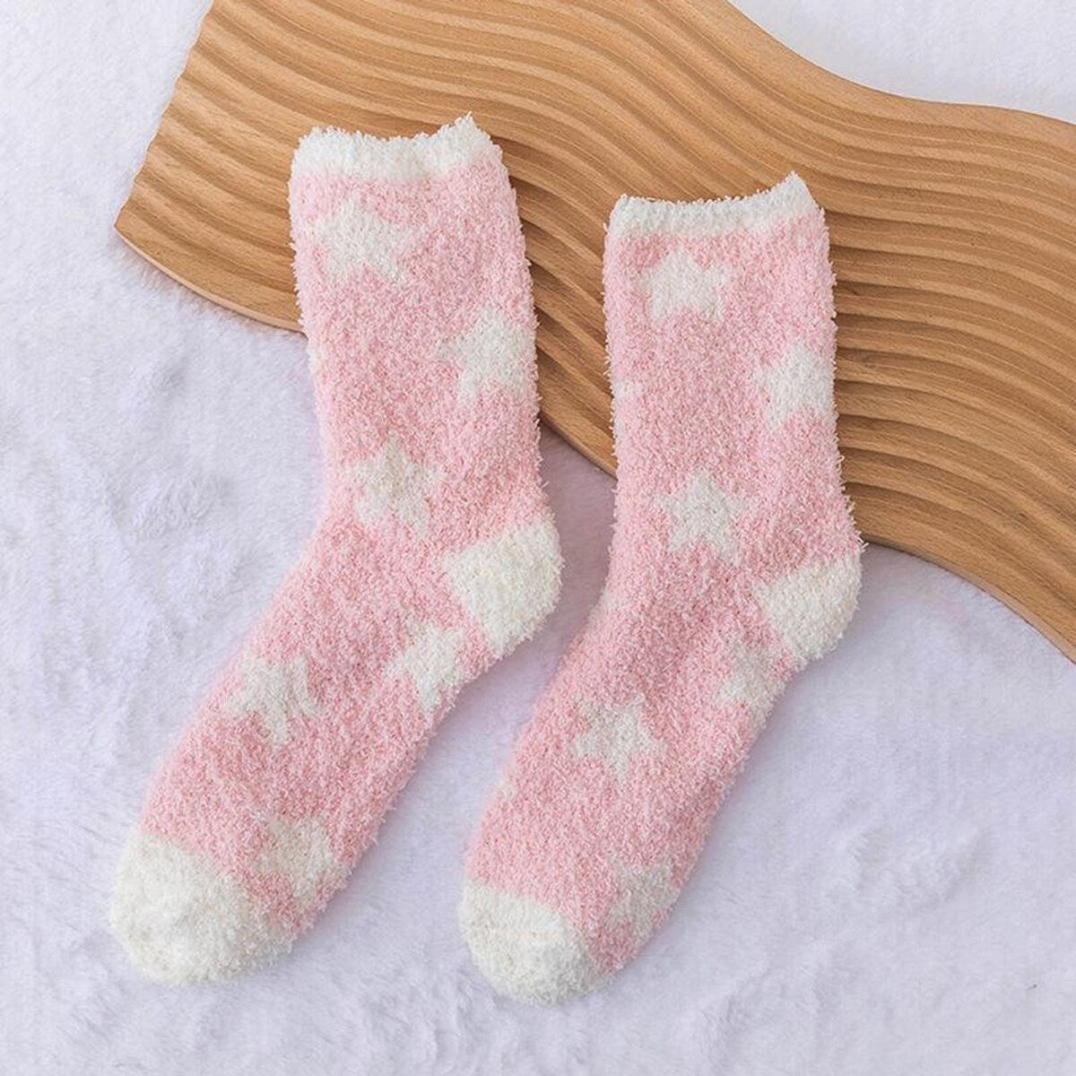 1 Pair Women Winter Socks Contrast Color Star Print Coral Fleece Soft Breathable MidTube High