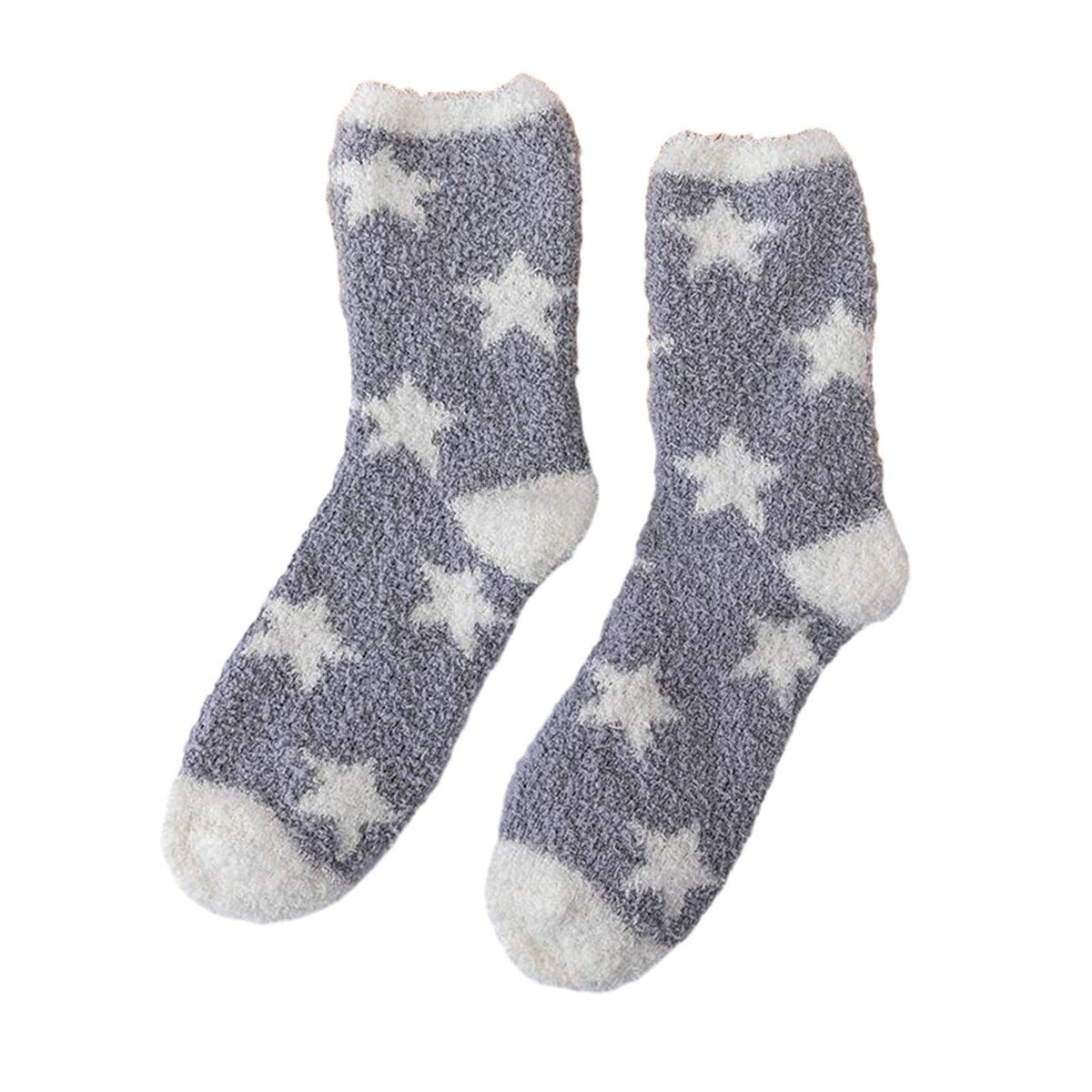 1 Pair Women Winter Socks Contrast Color Star Print Coral Fleece Soft Breathable MidTube High