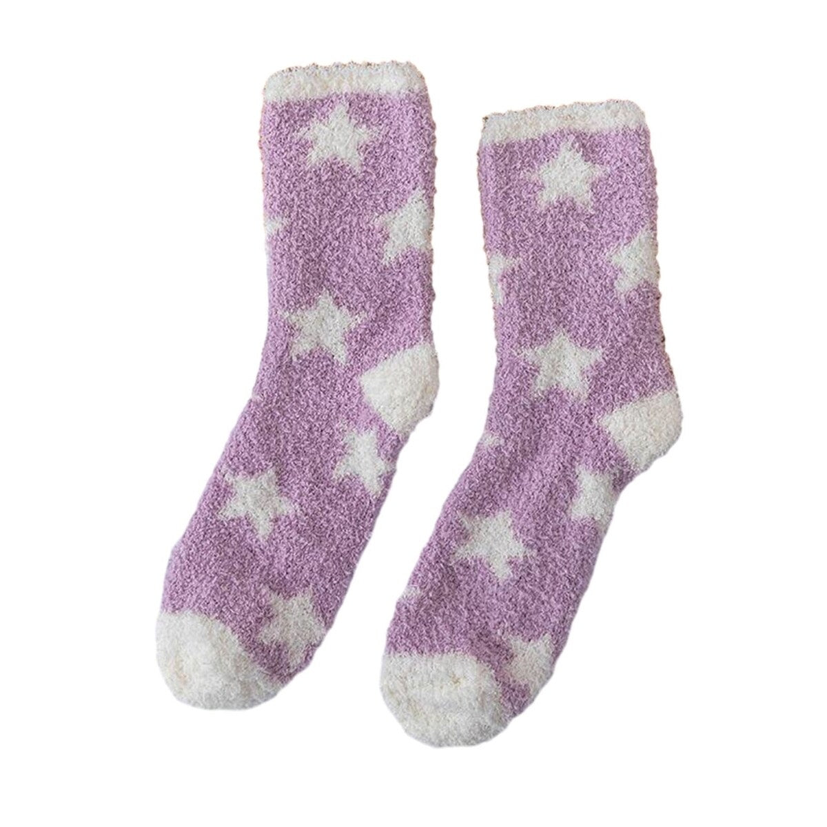 1 Pair Women Winter Socks Contrast Color Star Print Coral Fleece Soft Breathable MidTube High