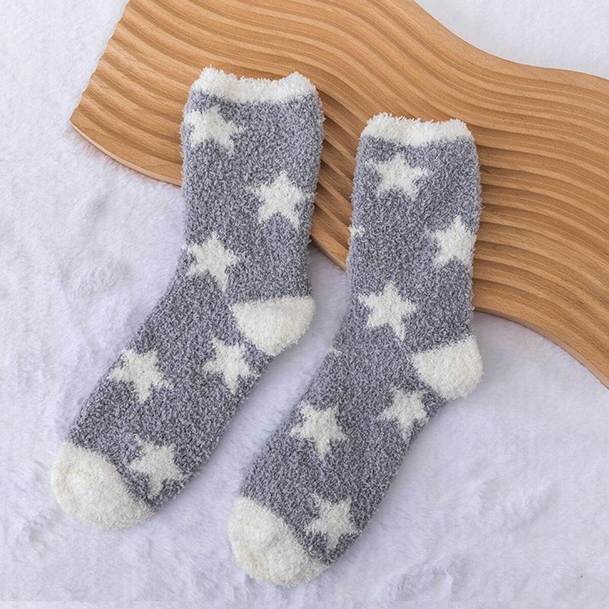 1 Pair Women Winter Socks Contrast Color Star Print Coral Fleece Soft Breathable MidTube High
