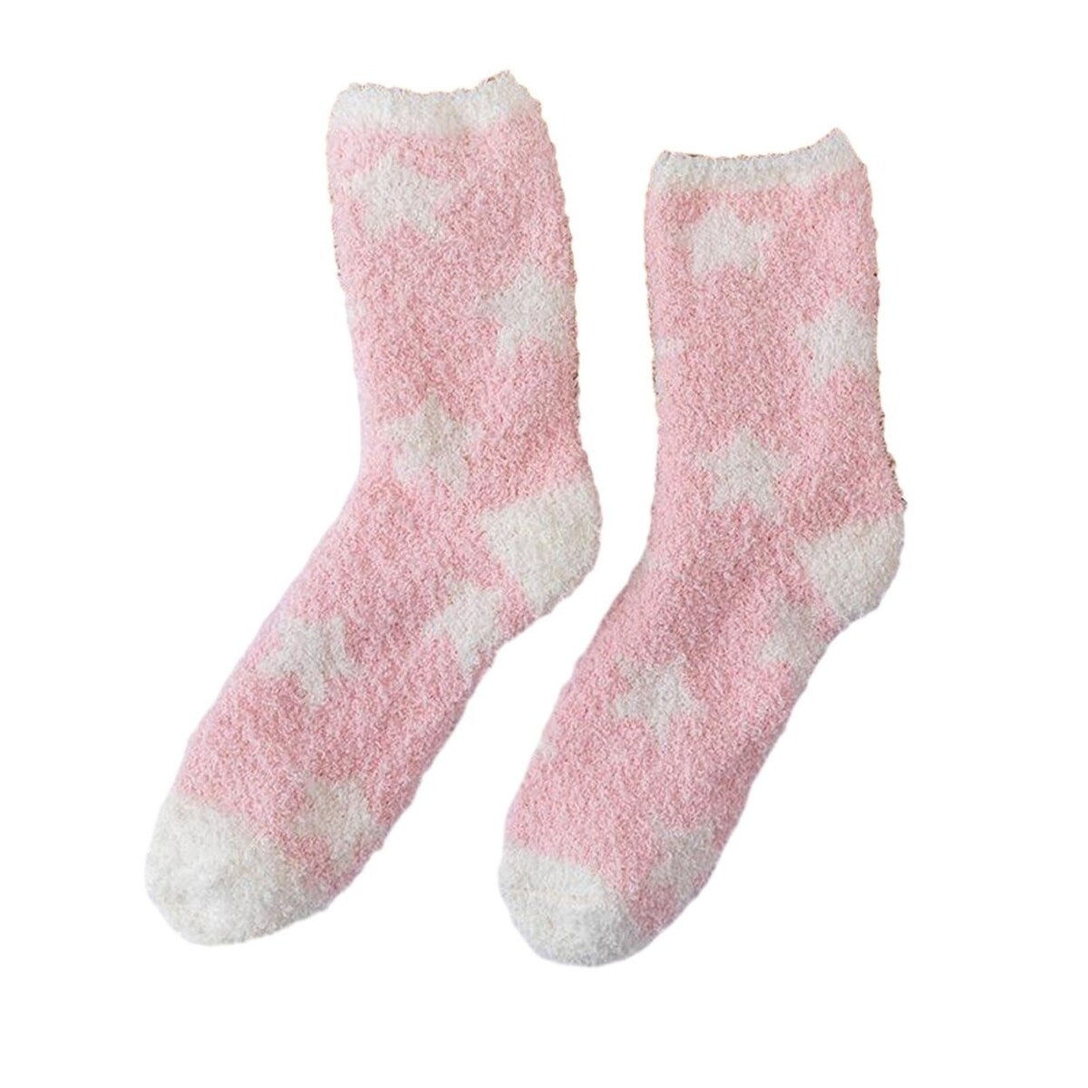 1 Pair Women Winter Socks Contrast Color Star Print Coral Fleece Soft Breathable MidTube High