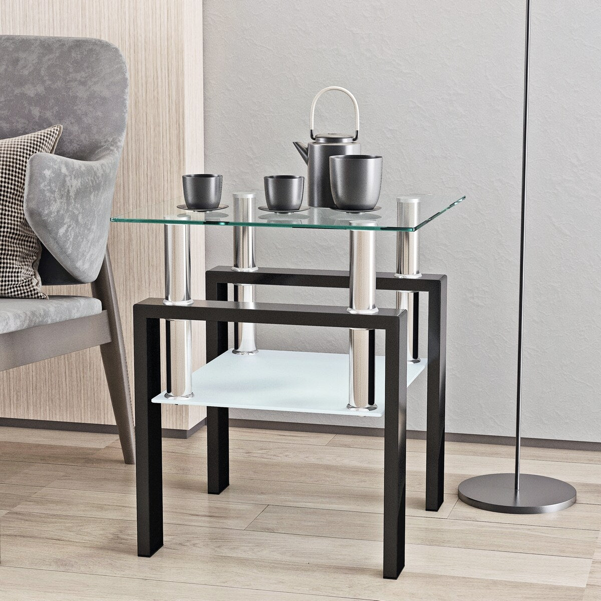1-Piece Modern Tempered Glass Tea Table Coffee Table End Table, Square Table for Living Room, Black