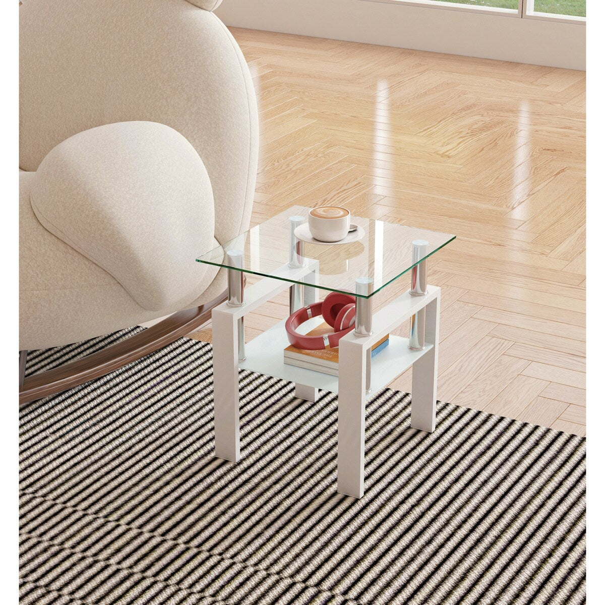 1-Piece Modern Tempered Glass Tea Table Coffee Table End Table, Square Table for Living Room, Black