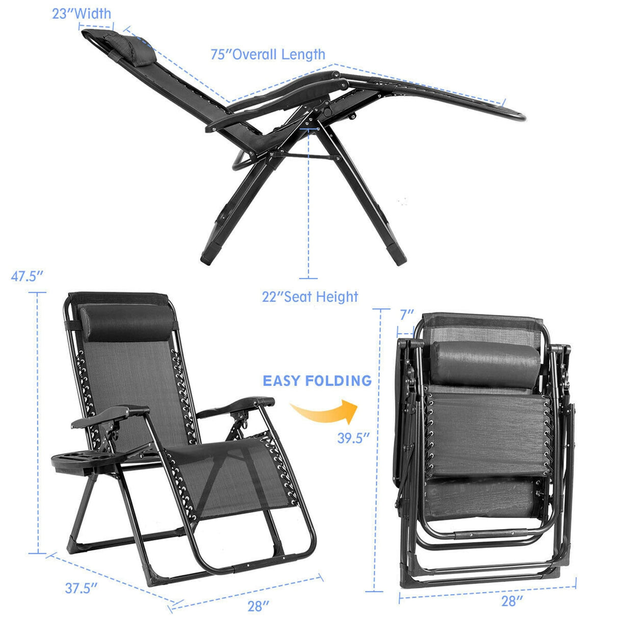 Oversize Patio Heavy Duty Folding Zero Gravity Recliner Lounge Chair