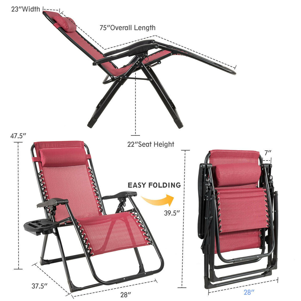 Oversize Patio Heavy Duty Folding Zero Gravity Recliner Lounge Chair