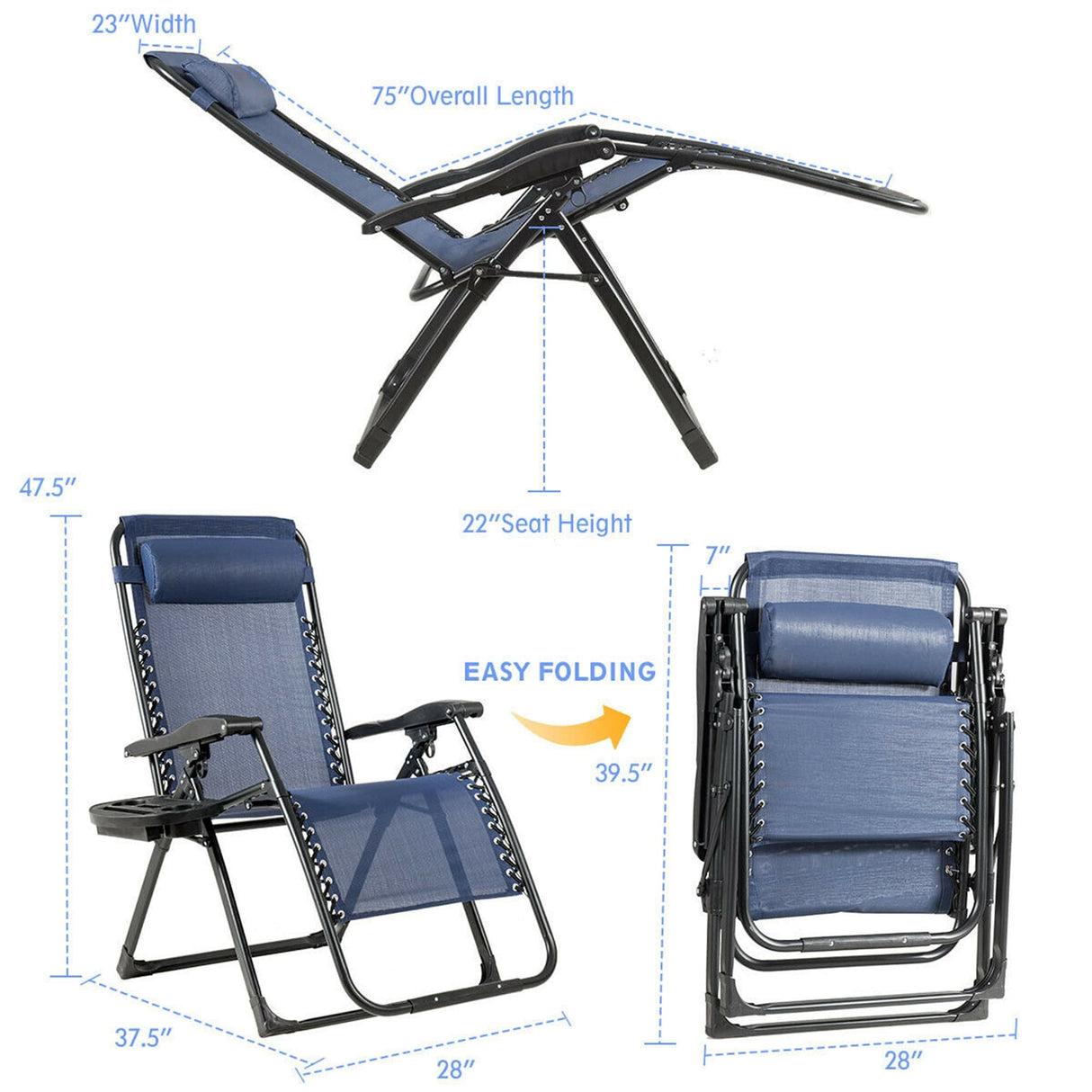 Oversize Patio Heavy Duty Folding Zero Gravity Recliner Lounge Chair
