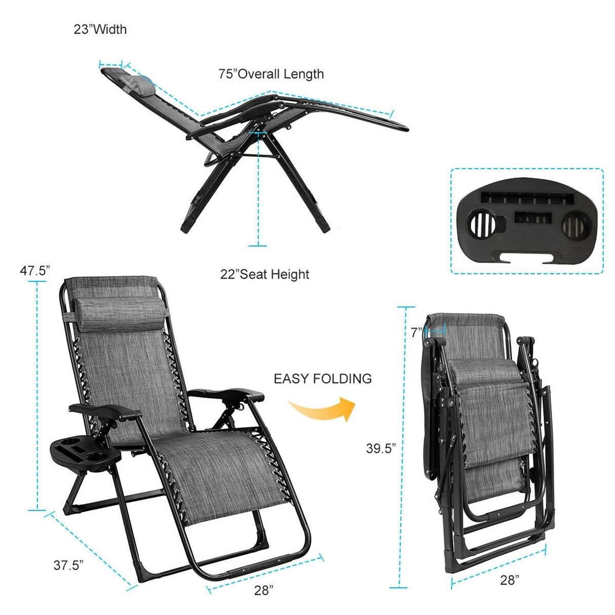 Oversize Patio Heavy Duty Folding Zero Gravity Recliner Lounge Chair