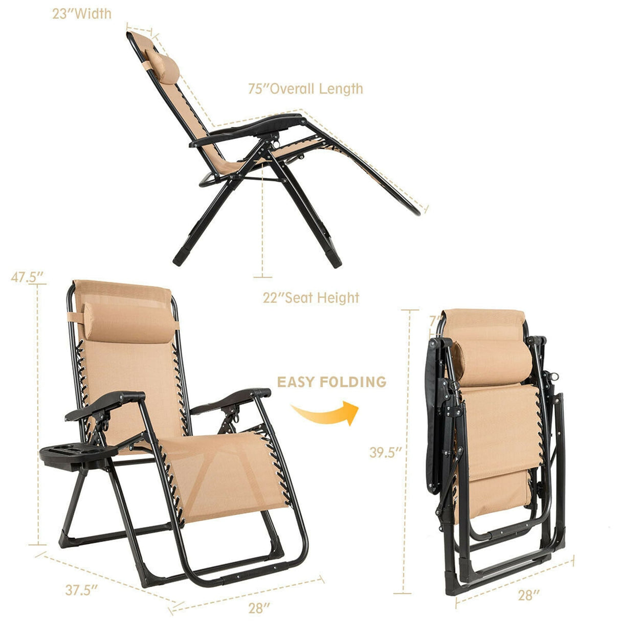 Oversize Patio Heavy Duty Folding Zero Gravity Recliner Lounge Chair