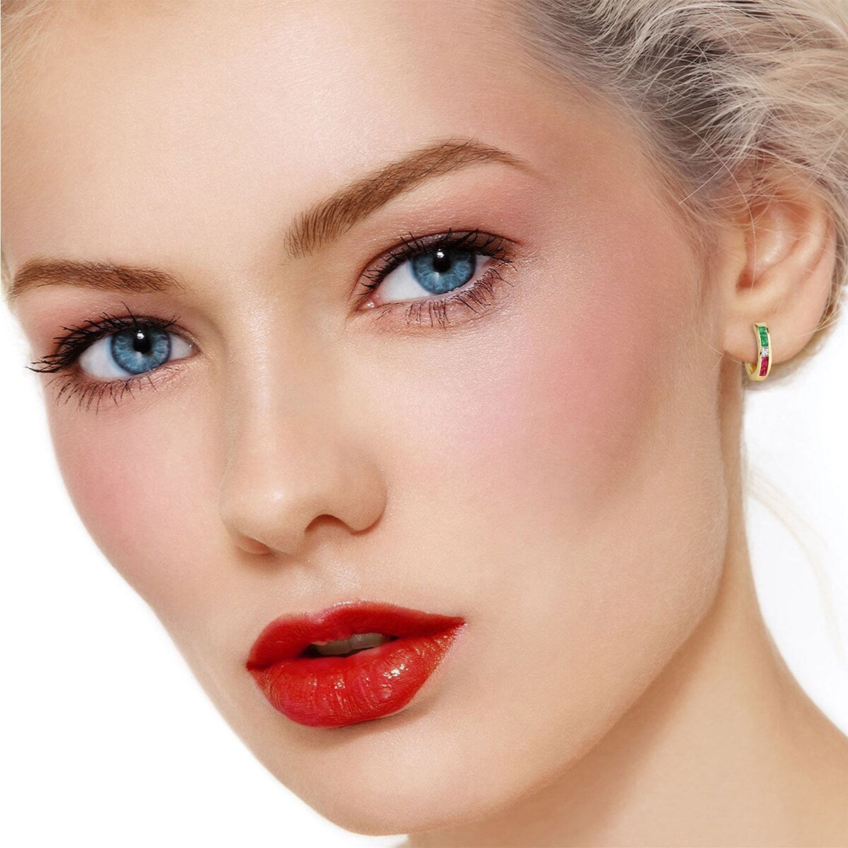 1.28 Carat 14K Solid Gold Tri Gem Oval Hoop Gemstone Earrings
