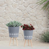 10/12" Diamond Ceramic Planter with Wood Legs,Set of 2