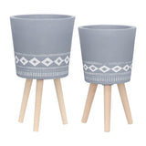 10/12" Diamond Ceramic Planter with Wood Legs,Set of 2