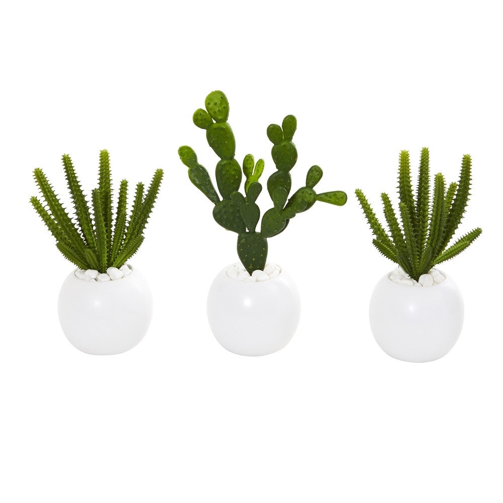 10" Cactus Succulent Artificial Plant in White Vase (Set of 3)