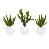 10" Cactus Succulent Artificial Plant in White Vase (Set of 3)
