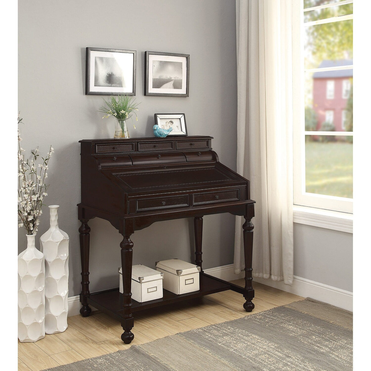 10-Drawer Wooden Secretary Desk in Warm Brown