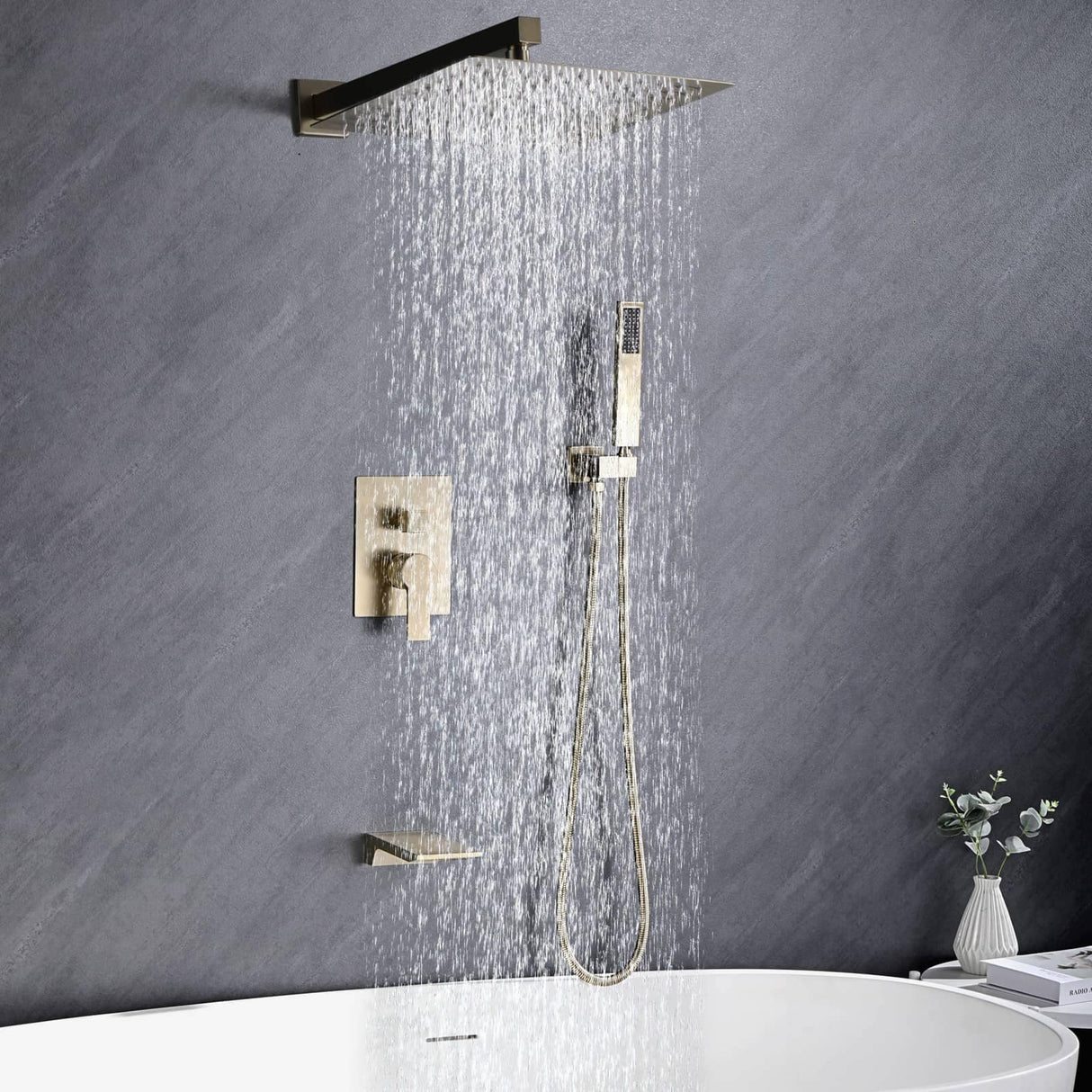 10 Inch Shower System With Tub Spout and Handheld Sprayer Rainfall Modern Wall Mount Tub Shower Faucet Set With Rough-in Valve
