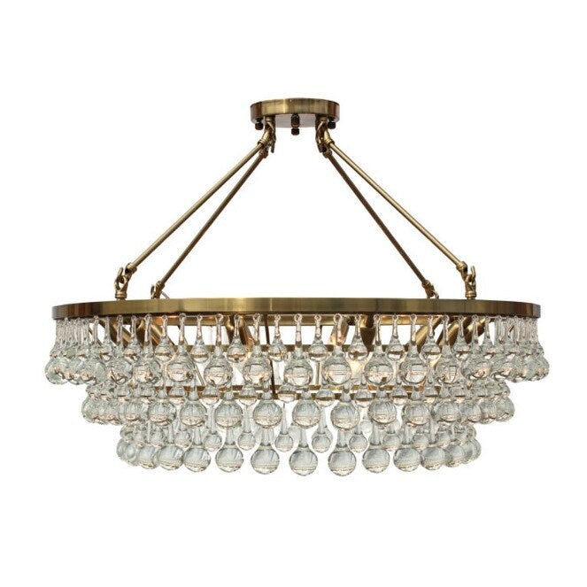 10 Light Glass Crystal Chandelier, Hanging or Flush Mount - Brass