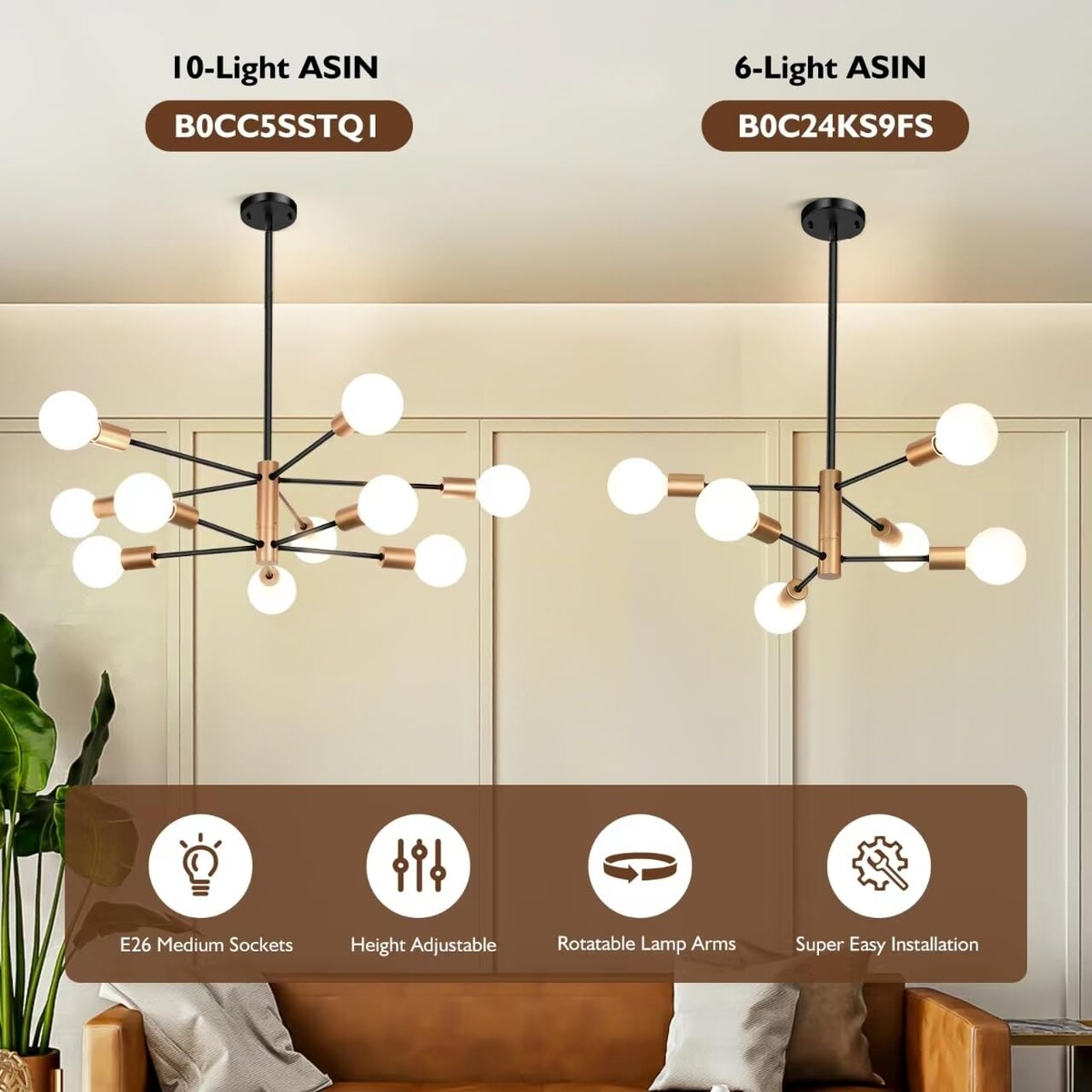 10-Light Sputnik Chandelier, Black and Gold Chandeliers Pendant Lighting, Modern Farmhouse Light Fixture Mid Century Brass