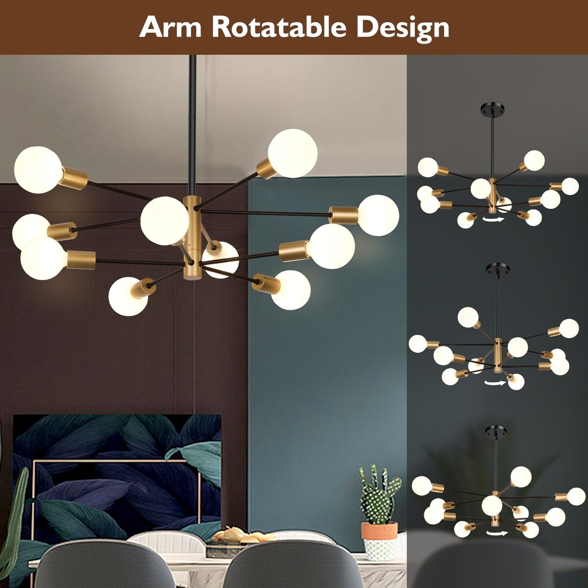 10-Light Sputnik Chandelier, Black and Gold Chandeliers Pendant Lighting, Modern Farmhouse Light Fixture Mid Century Brass