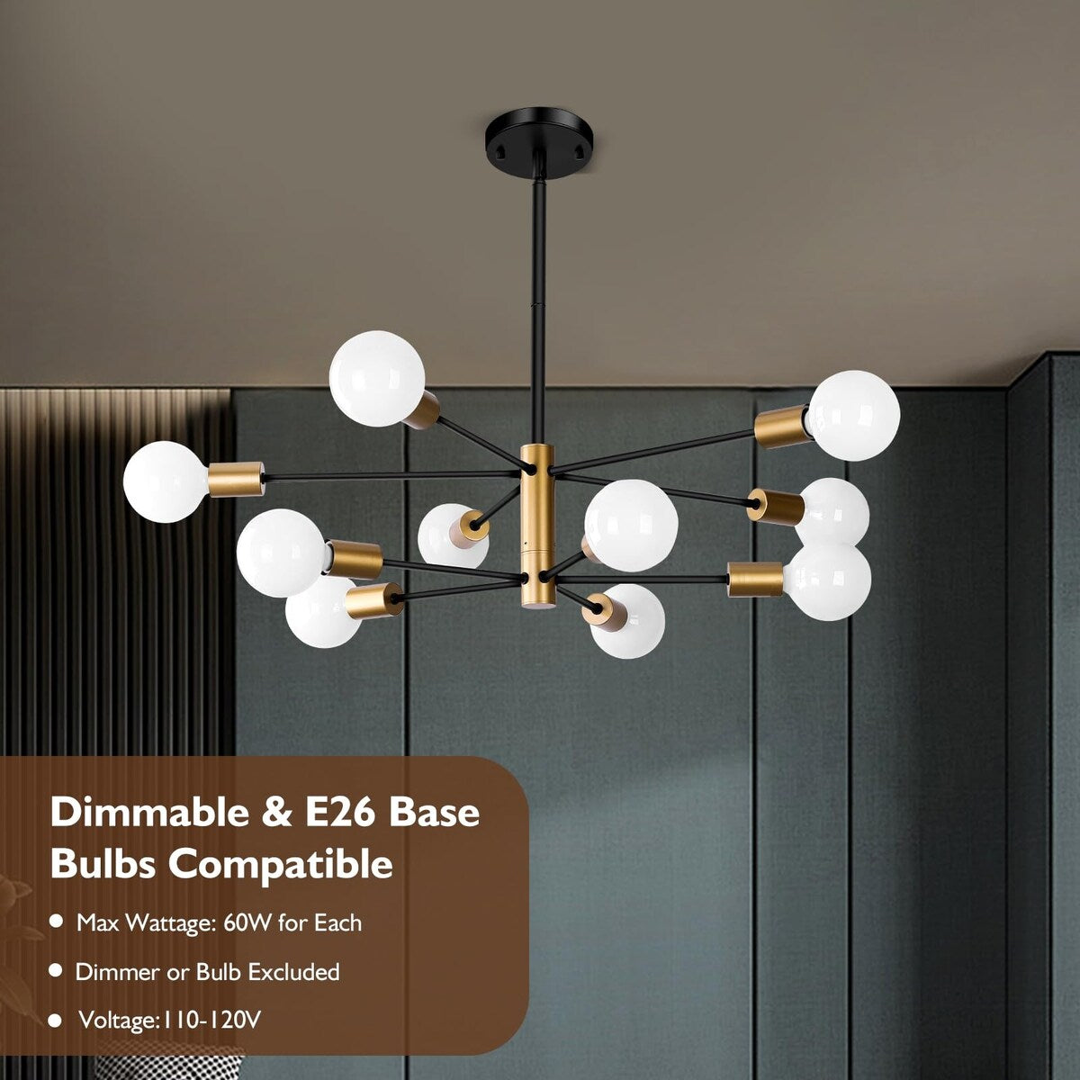 10-Light Sputnik Chandelier, Black and Gold Chandeliers Pendant Lighting, Modern Farmhouse Light Fixture Mid Century Brass