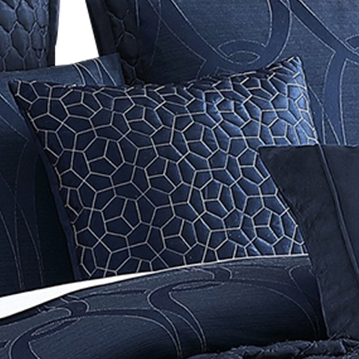 10 Piece King Polyester Comforter Set with Geometric Oblong Print, Dark Blue