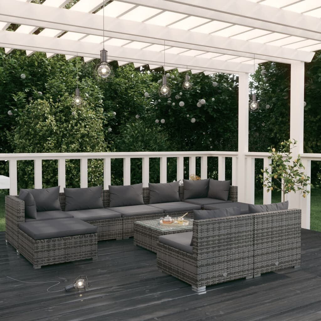 10 Piece Patio Lounge Set with Cushions Gray Poly Rattan