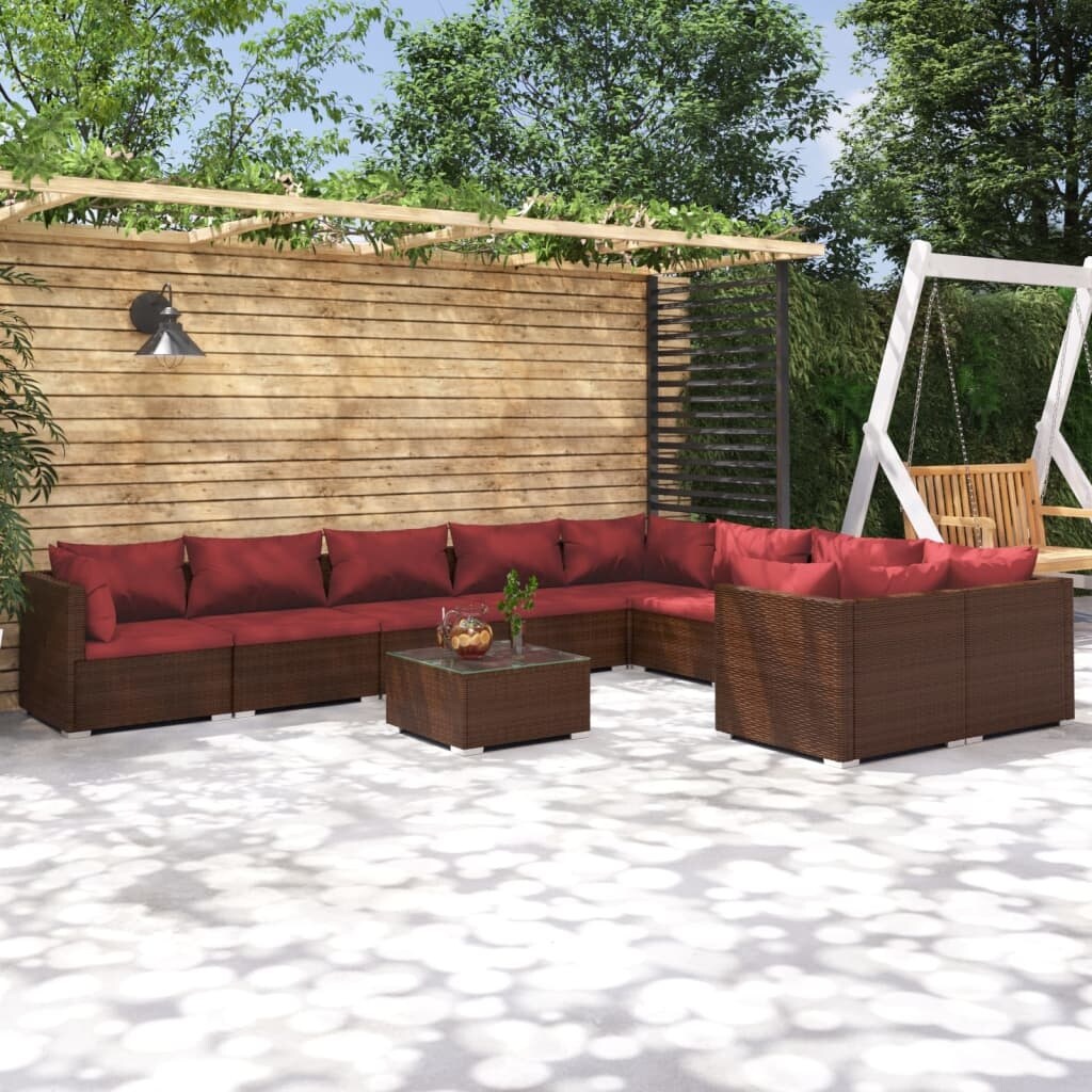 10 Piece Patio Lounge Set with Cushions Poly Rattan Brown
