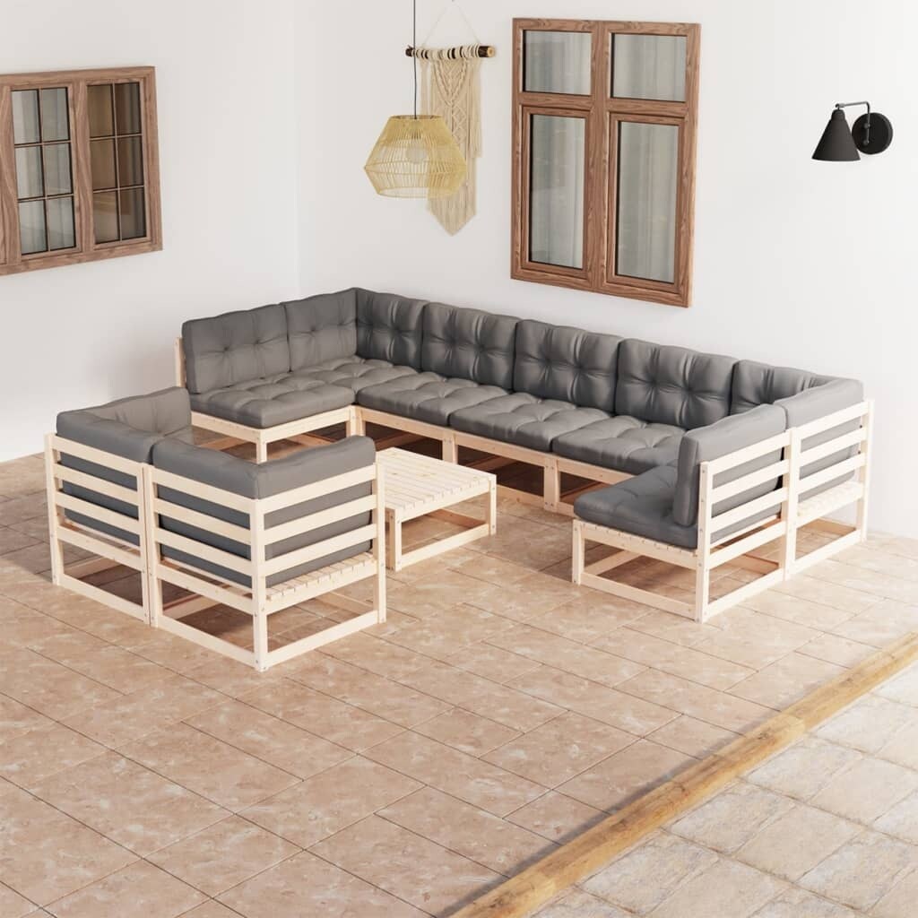 10 Piece Patio Lounge Set with Cushions Solid Pinewood